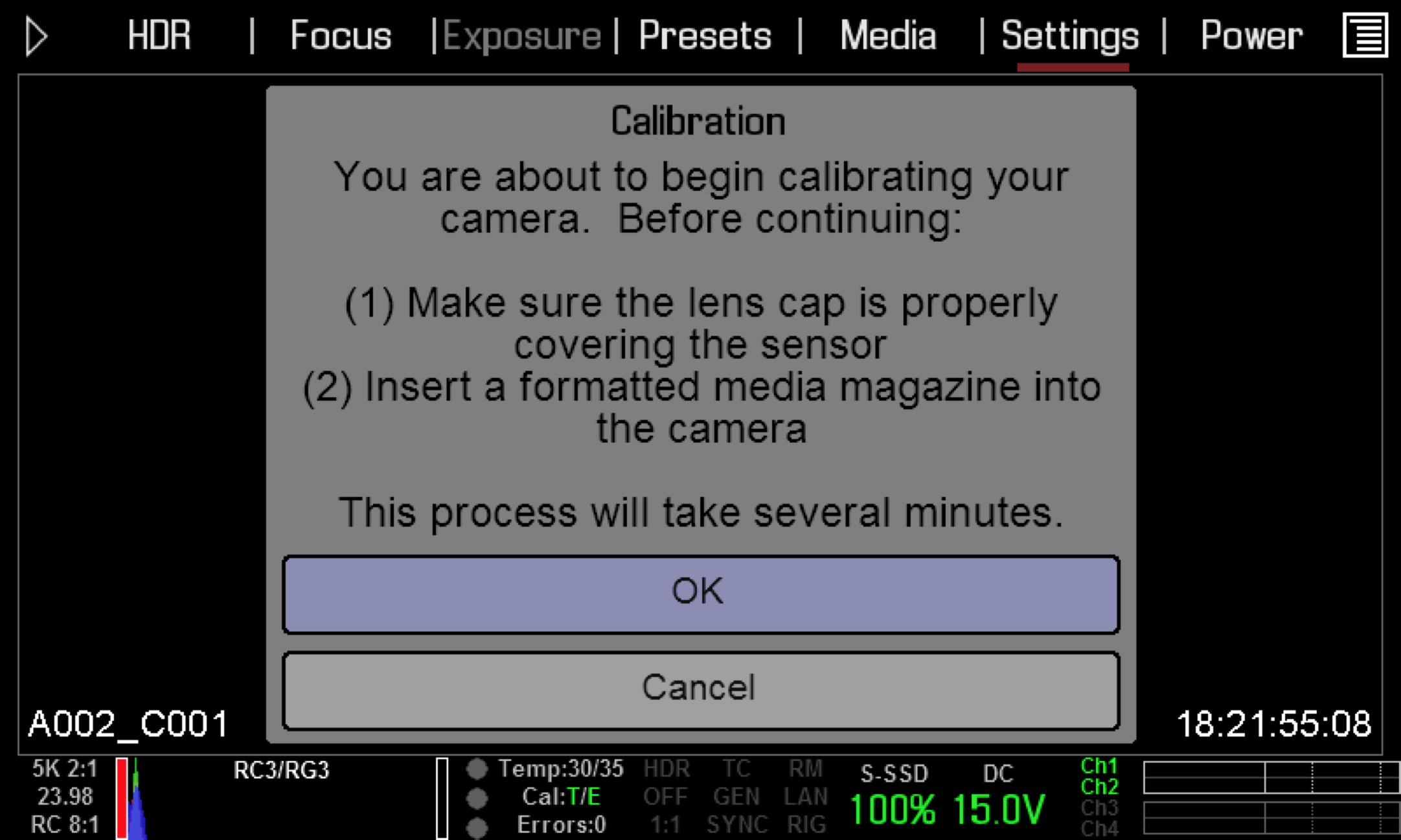 Black Shading Calibration Prompt Screen on RED Epic